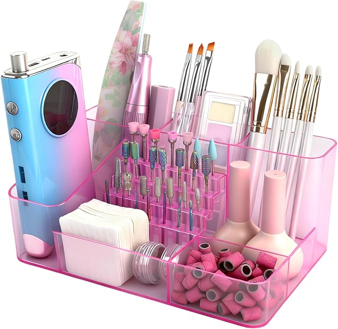 Nail Drill Holder & 28 Holes Nail Drill Bits Holder, Transparent Acrylic Nail Drill Machine Storage Box, Professional Nail Drill Organizer Case for Manicure tools (Pink)