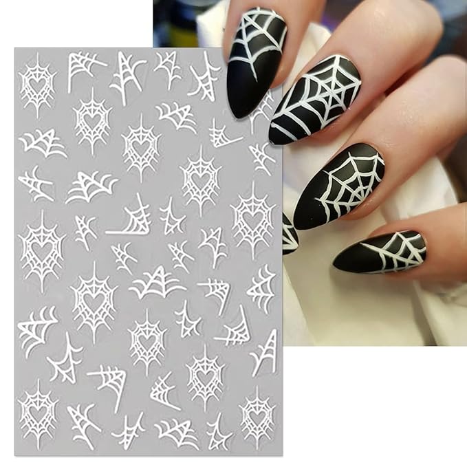 Halloween Spider Web Nail Stickers, 8 Sheets Black White Web Self-Adhesive 3D Nail Art Decals for DIY Manicure