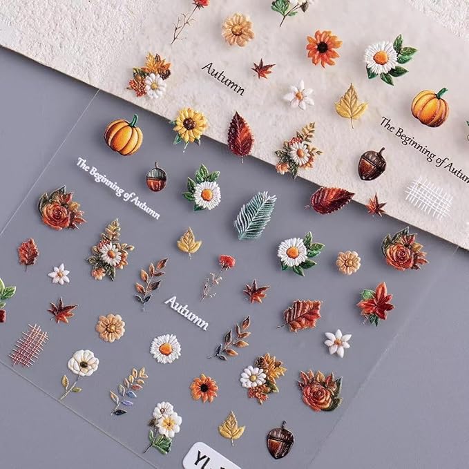 4 Sheets Nail Stickers for Autumn 5D Self-Adhesive Nail Art Decals for Women Flower Stickers Decoration