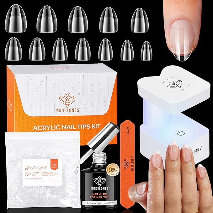 modelones X Nail Gel Kit Extra Short, 9-in-One Nail Glue with Portable U V Lamp 216Pcs 12Sizes Pre-Etched Press ons Fake Acrylic Extension Kit DIY Salon Gift for Women