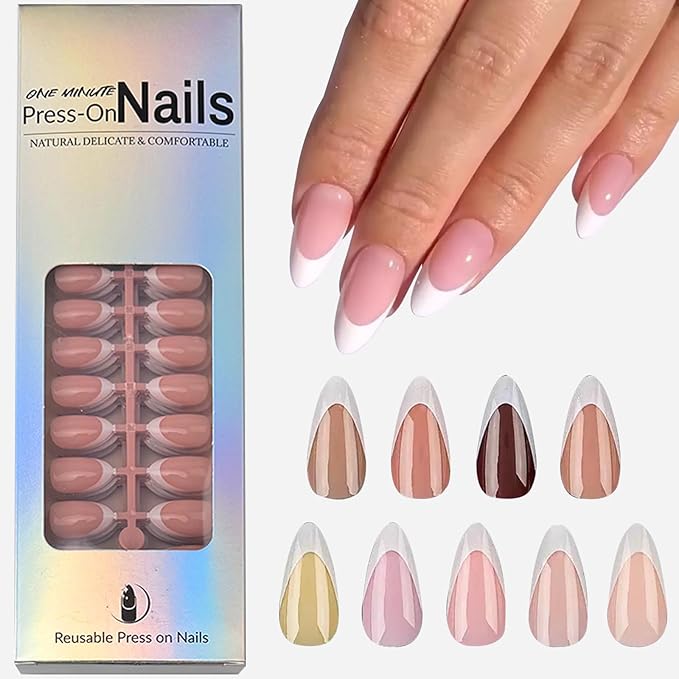 270 Pcs White French Tip Press on Nails Almond Fake Nails Nude Glossy Acrylic Glue On Nails Full Cover False Nail Tips Kit for Women DIY Nail Art Manicure 15 Size