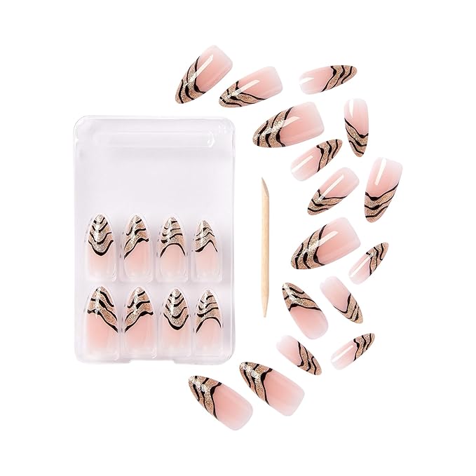 Goldfinger Trendy False Nails Kit, Long Almond Shape Design Nail, Elegant Nude Stripes Print, Ready to Wear Gel & Manicure Stick Included, Long-Lasting Convenient & Easy to Apply