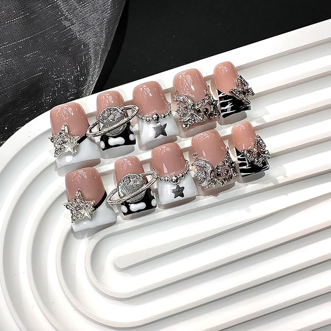 10Pcs Handmade Duck Press on Nails Short Medium Acrylic Fake Nails with 3D Stars Butterfly Rhinestone Design French Tip False Nails Handmade Duck Nails Press ons Holiday Glue on Nail for Women (M)
