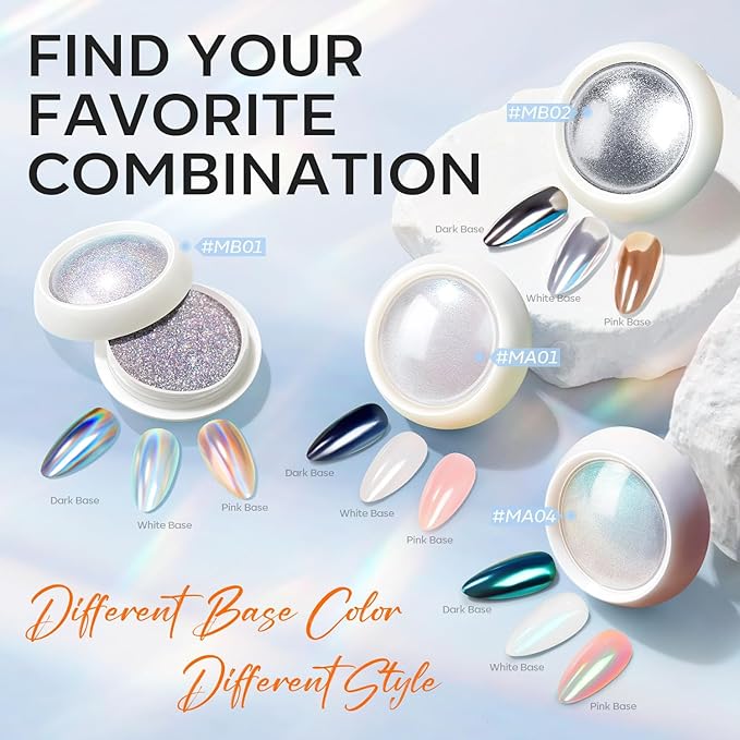 modelones Chrome Nail Powder 4 pcs, White Pearl Nail Chrome Powder, Iridescent Aurora Glitter Mermaid Silver Metallic Mirror Holographic Effect Pearlescent Pigment Dust Kit Resin Craft