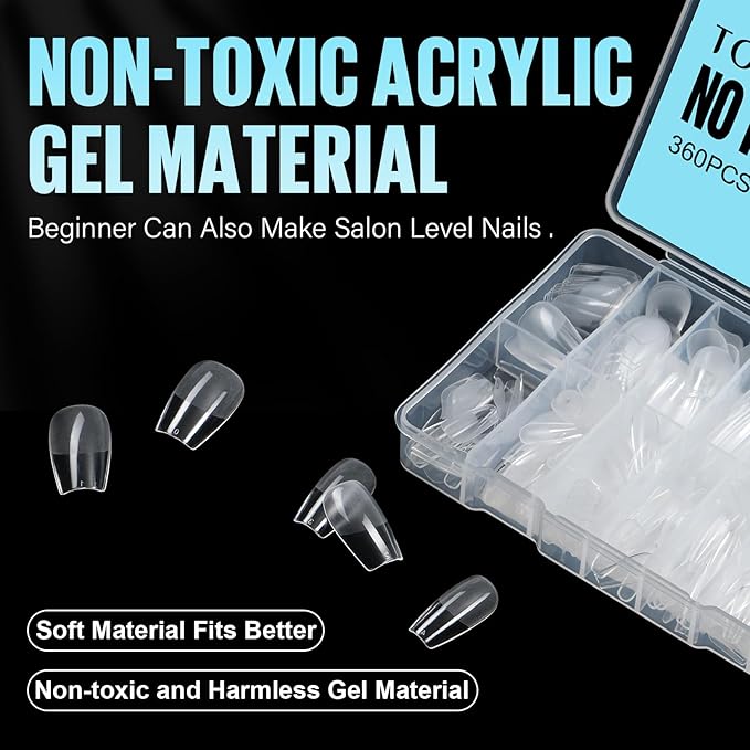 TOMICCA Medium Coffin Nail Tips, 360Pcs Half Matte Gel Nails, 15 Sizes Nail Extension Tips Set, Full Cover Pre Shaped Fake Nails for Beginner and Professional DIY Nail Salon