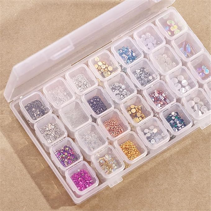 Rhinestones & Pearls for Nail 3D Steel Caviar Beads 28 Cells Nail Art Storage Case Crystals Gems Accessories Clear Plastic Container for Rhinestones Beads Organizer Box
