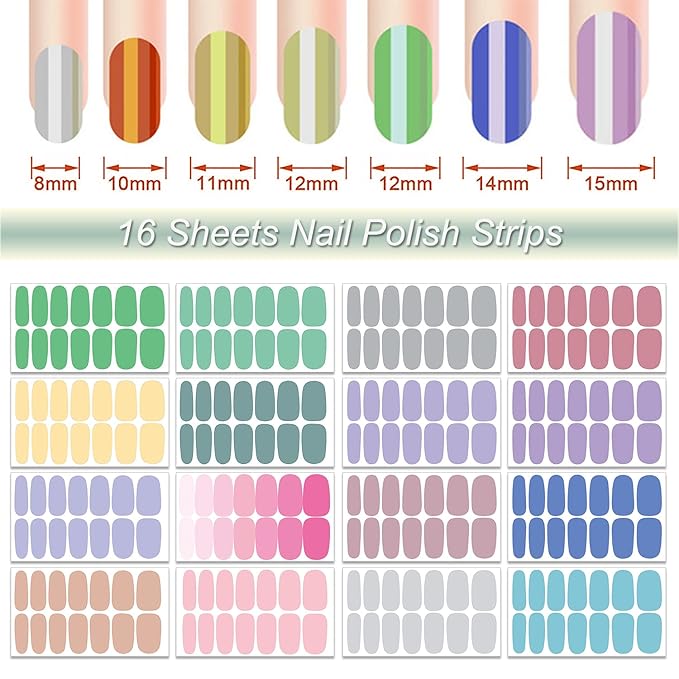 DANNEASY 16 Sheets Nail Polish Strips Solid Color Full Nail Wraps Self Adhesive Nail Polish Stickers Gel Nail Strips for Women Nail Art with 1pc Nail File, Cuticle Stick (Fresh Color)