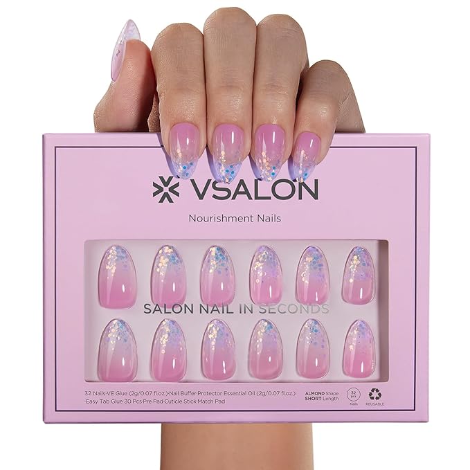 VSALON Press-On Nails Short Almond - Purple Ombre Blue Sparkle Glitter Semi-Transparent Mermaid Design, Reusable Opaque Soft Gel Fake Nails with Glue & Cuticle Oil 32 PCS in 16 Sizes Gifts for Women