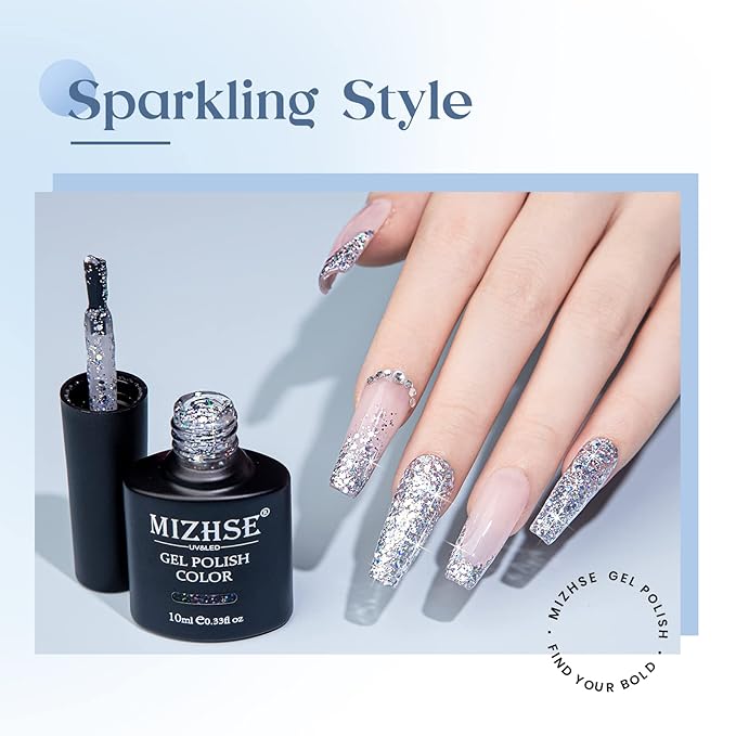MIZHSE Silver Glitter Gel Polish, Sparkly Shiny Diamond Shimmer Soak off UV LED Gel Nail Polish for Nail Art Salon Home DIY Manicure 10ml