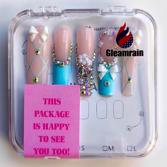 Xl Long Press on Nails Handmade Square Press-on Nails with Design Press Ons 10pcs M Size Pattern 1102