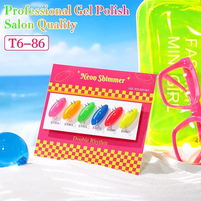 Double Rhythm 6 Pcs 15 ML Glitter Gel Polish Set Same Color Same Bottle Soak Off Gel Polish Kit Nail Art Manicure Salon DIY at Home (Shimmer Neon Yellow Orange Green Blue Pink-T6-86)