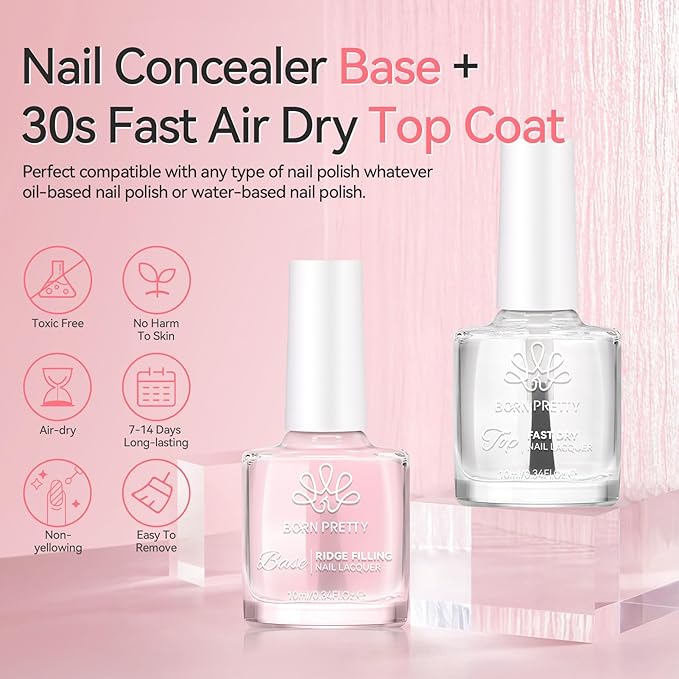 Born Pretty Clear Nail Polish Base and Top Coat Set 2 PCS High Shine Glossy Finish Quick-Dry No U V Needed Low Odor Natural Compatible with Nail Lacquer DIY Salon 0.34 fl oz Each
