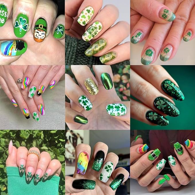 6Pcs St. Patrick's Day Nail Art Stickers 3D Self Adhesive Spring Four Leaf Clover Nail Decals Lucky Shamrock Nail Stickers St. Patrick's Day Hat Letter Design Irish Nail Supplies Accessories for Women