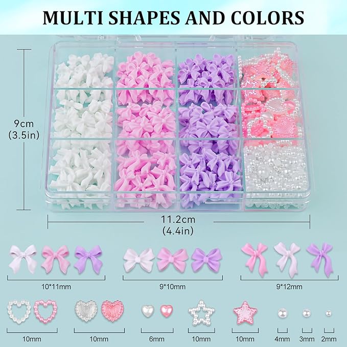 600 Pcs 3D Nail Charms and Flatback Pearls Set 10, Pink&White&Lilac Nail Bows + Pink&White Star Heart Cute Nail Jewels + 2-4mm White Nail Pearls for Nail Art DIY Decoration with Pickup Tools