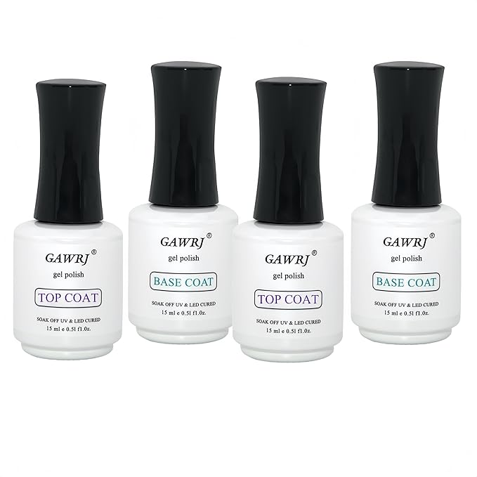 No Wipe Top & Base Coat Gel Set (Up to 3+ Weeks), Anti-Yellowing Quick Dry Gel Nail Polish, 2 Base + 2 Top Coats 15ml, for UV/LED Light, Professional & DIY