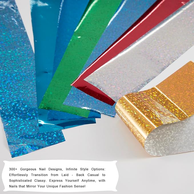 SILPECWEE 300Pcs Nail Foil, Holographic Nail Art Foil Flower Metallic Aurora Transfer Foils for Nails Paper 3D Nail Stickers Fingernail Wraps Decals Manicure Design Kit Nails Decoration