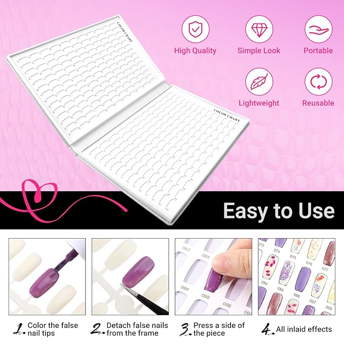 Segbeauty 308 Color Nail Polish Display Book Organizer, Silver Nail Color Swatches Sample Book for Art Salon with 360 False Nails Tips DIY Press On Nails Display Holder Board Cases Storage Stand