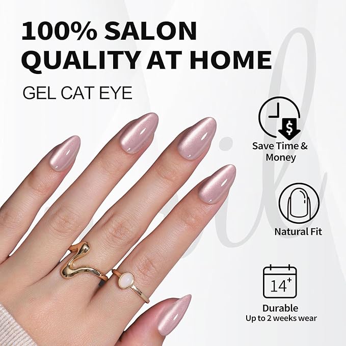 Pink Cat Eye Press on Nails Short - SHANGMENG Soft Gel Press on Nails Almond for Women Gift, Fit Perfectly & Natural Glue on Nails in 16 Sizes - 32 Reusable Fake Nails with Glue, Beige Pink
