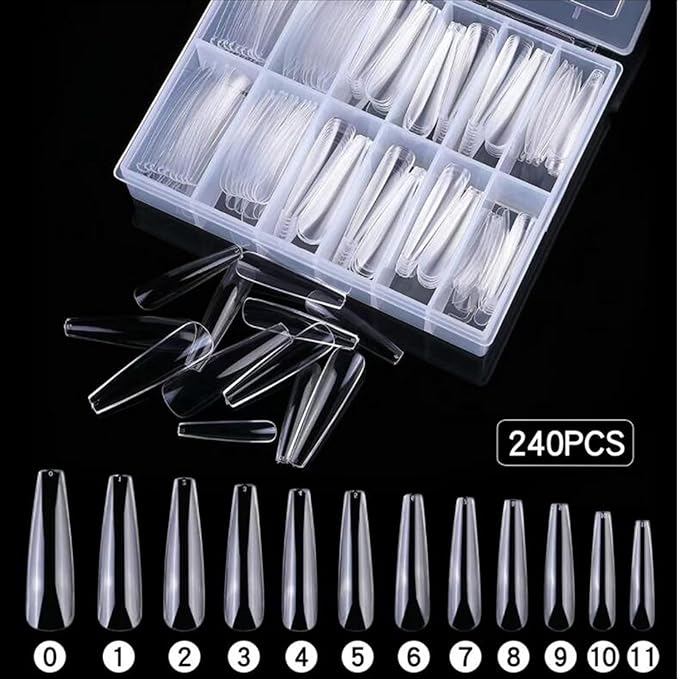 LoveOurHome XL Coffin Acrylic Nail Tips, 240pc Ballerina Shaped, Full Cover Artificial Fingernails, ABS Material, 12 Sizes for Women & Girls Nail Extension