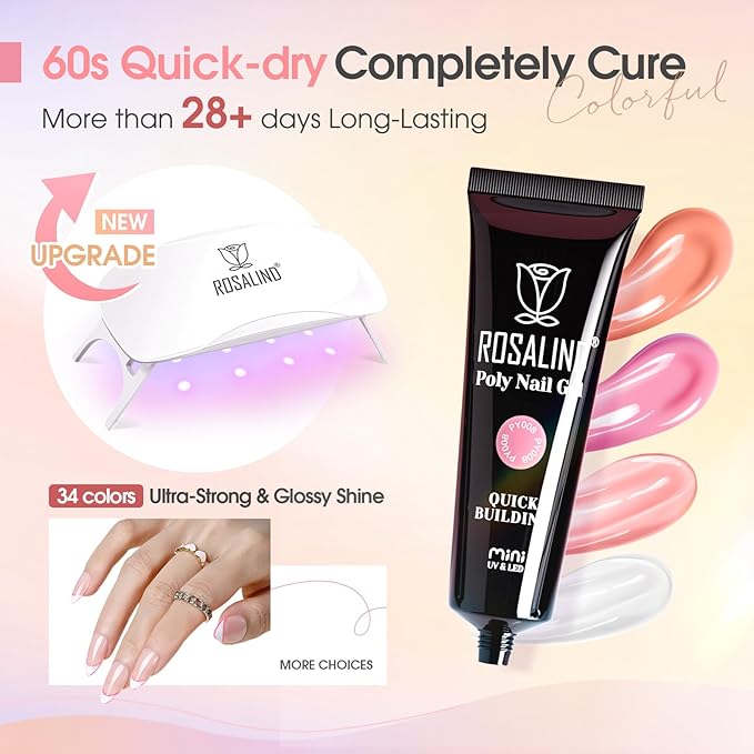 ROSALIND Coloful Poly Nail Gel Kit -34 Colors + Neon Accessories Clear Nude Poly Nails Gel Starter Kit with Mini UV Lamp Slip Solution Fall Colors Halloween Poly Extensions Kit