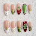 Luxury Press on Nails Medium Almond Handmade 3D Unique Reusable ABS Material Fake Nails French Tip False Nails with Designs Floral Cherry Rhinestones Pearls Glossy Glue on Nail Thick Acrylic Nail(S)