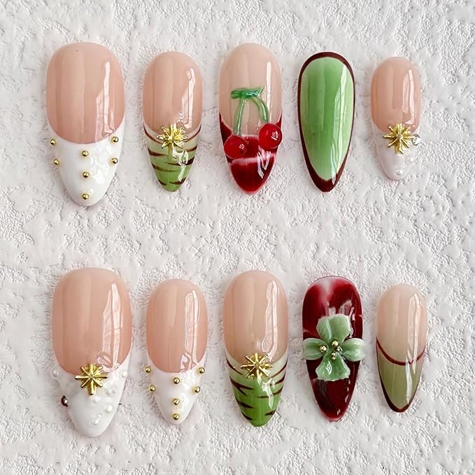 Luxury Press on Nails Medium Almond Handmade 3D Unique Reusable ABS Material Fake Nails French Tip False Nails with Designs Floral Cherry Rhinestones Pearls Glossy Glue on Nail Thick Acrylic Nail(M)