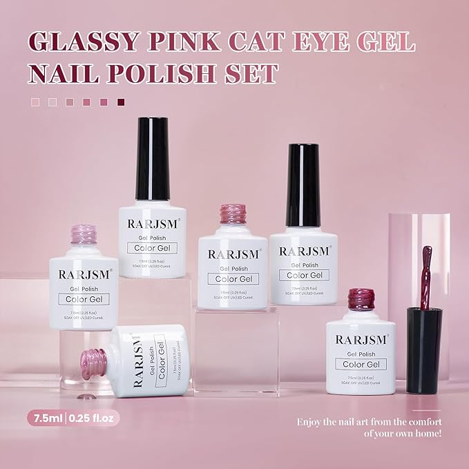 RARJSM Jelly Glassy Pink Cat Eye Gel Nail Polish Set 6Pcs Sparkle Ceramics Diamond Shimmer Nude Pink Colors Velvet Smoothie Cateye Gel Polish with Magnetic Stick Curing Require Home Salon Manicure
