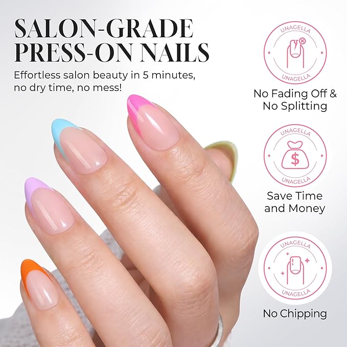 UNA GELLA 32Pcs Soft Gel Press on Nails - 16 Sizes Multi-color French Tip Almond Glue on Nails, Reusable Neon Pastel Rainbow False Nails, Full Cover Acrylic Nail Kit for Women DIY Home Manicure