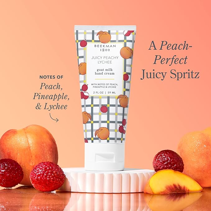Beekman 1802 Goat Milk Hand Cream – Juicy Peachy Lychee – Scented – 2 oz – Moisturizing Hand Lotion for Dry Skin – Non-Greasy – Sensitive Skin Safe – Cruelty Free