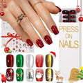 Christmas Press on Nails Short Square Set, 150pcs Jelly Glass Mirror Chrome Cat Eye Nails, Shimmer Snow White Glitter Cherry Red Ruby Holographic Elk Brown Sparkle Green Nails with Stickers