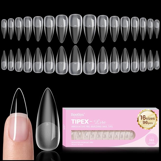 Beetles Tipex Lite Instant Apex Nail Tips, Medium Stiletto, 16 Sizes | 00–14, Built-in Apex Acrylic Tips for Flat & Natural Nail Beds, Beginner-Friendly Easy DIY Nail Extensions