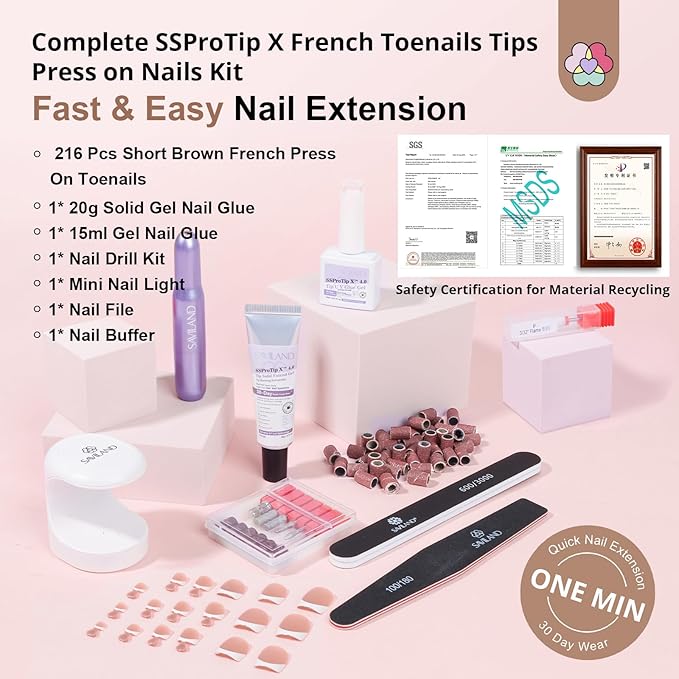 SAVILAND Gel Toe Nail Kit: 18 Sizes Nude Press-On Toenails for Women with Drill, 216 Nude Toe Nail Press Ons, U V Lamp and Nail Glue Gels, Gel Nail X Kit Tools for Manicure Gift