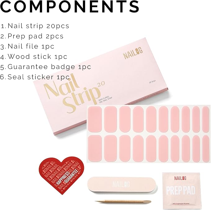 Semi Cured Gel Nail Strips - NAILOG 20 Pcs Pink Nail Stickers Extra Long Wraps with Glossy Gel Finishing for Spring Summer, Rosy Veil