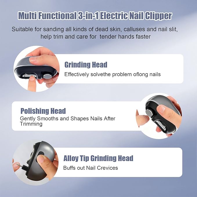 Valentines Day Gifts for Him & Her - 2PC Electric Nail Clipper for Seniors & Adults, Baby Automatic Nail Clipper with LED Light & Nail Scraps Storage, Electric Nail Trimmer for Fingernail (Grey)