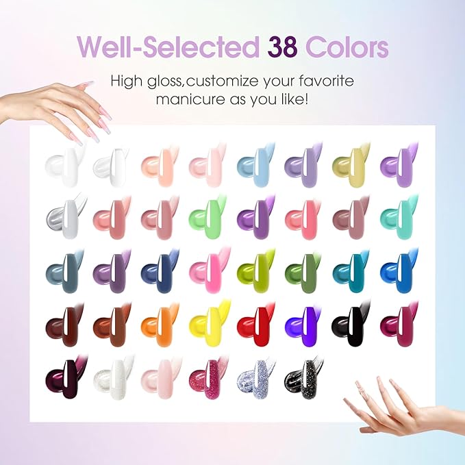 ROSALIND 38 Colors Poly Nail Gel Kit with Mini Nail Lamp Clear Neon Poly Nail Gel Starter Kit for Beginners Halloween All Seasons Classic Colors with Everything
