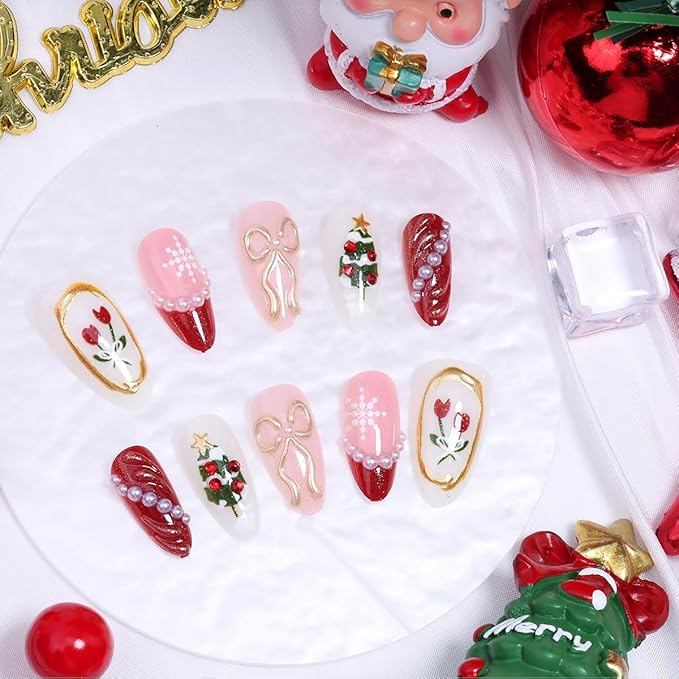 30Pcs Christmas Press on Nails Medium Almond French Tip Fake Nails Xmas Trees Flower False Nails with 3D Pearl Red Gems Gilding Bow Design Full Cover Glue on Nails Artificial Stick on Nail for Women