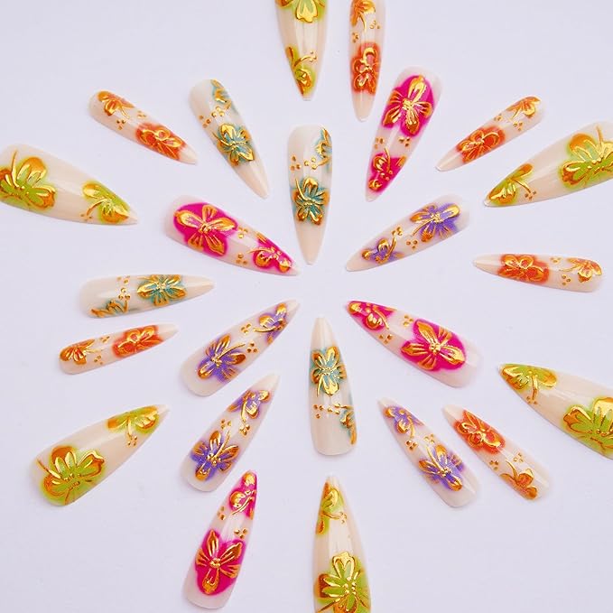 MISUD Press on Nails - Long Stiletto Fake Nails with Gold Chrome, Acrylic Colorful Flower Design 24 pcs