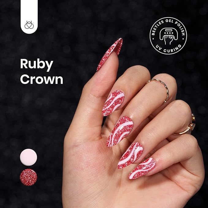 Beetles Red Gel Nail Polish - 15ml Sparkly Glitter Diamond Red Gel Polish for Girls & Women - Soak Off, UV Nail Lamp Included Valentines Gift for Women
