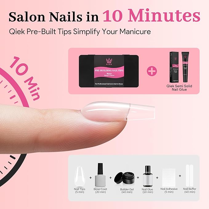 Medium Square Pre-Building Nail Tips Kit, 15 Sizes 240 PCS Pre-shaped Apex Clear Thick Extensions Tip Soft Half Matte Press On Fake Nails Glue Gel Nail Lamp for DIY Beginners & Salon Manicure