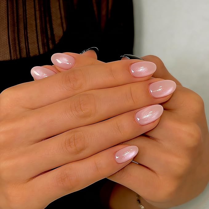 Cat Eye Press on Nails Short, Chrome Press on Nails Oval, Thick Glazed Light Baby Pink Fake Nails Press ons for Women, Reusable Magnet Bling Glitter Glue On Nails Almond in 15 Sizes, 30 Pcs