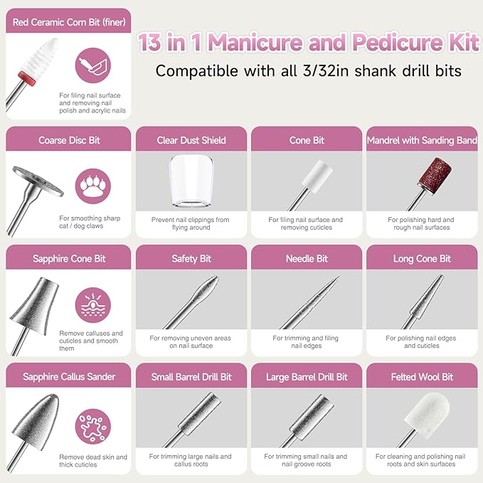 Cordless Electric Nail Drill 35000 RPM, Professional Nail File Kit with LCD Display, 12 Bits & 36 Sanding Bands, for Acrylic Gel Nails, Pet Claws, Salon & Home Use(Rose Gold)