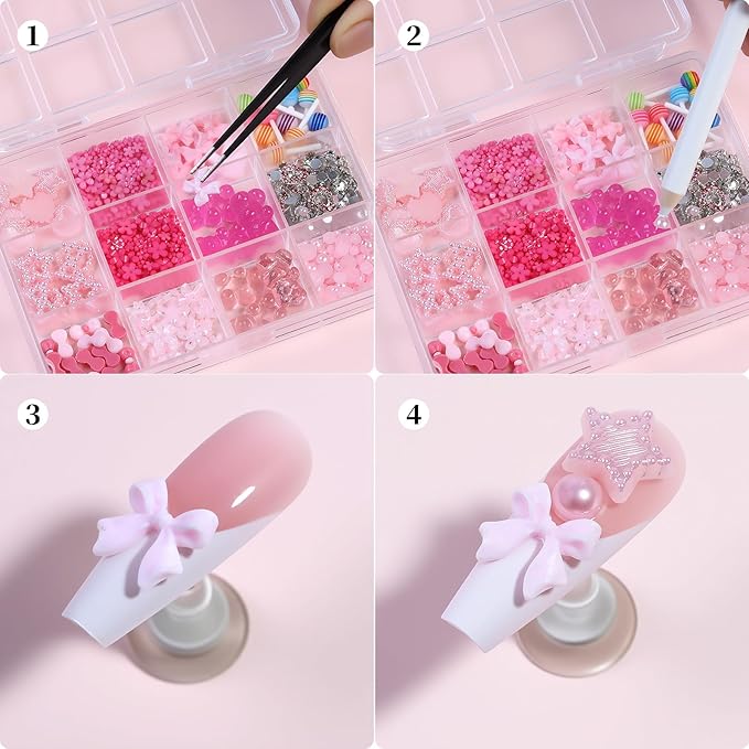 3D Nail Charms and Gems Kit Pink Cute Assorted Candy lollipop Gummy Bear Star Nail Charms with Picker Tools Kawaii Nail Art Charms for Nails Design Supplies Junk Cases DIY Decor Accessories