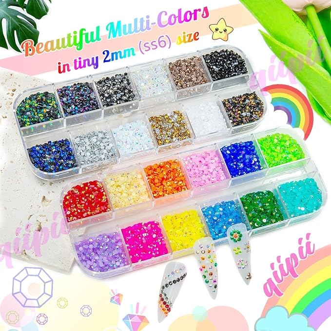 24 Color 2mm Small Colorful AB Jelly Resin Rhinestones for Bedazzling Crafting Full Grids SS6 Tiny Flatback Stones Gems Diamonds Charms for Nails Eyes Face Makeup Bottles Tumblers DIY Crafts