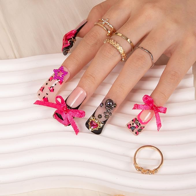 LOVFUL Press on Nails The Sweet Guardian | Handmade with Full Covered Crystals | Reusable Full Cover Nails | Duck Classic Regular 1.3 in | H173-M