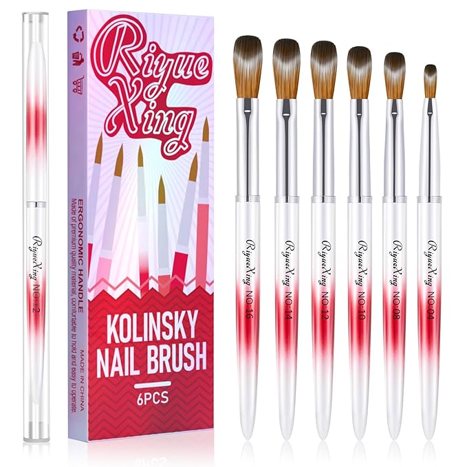 6PCS Acrylic Nail Brush Set, Kolinsky Hair, Oval Crimped Pressed Shaped, Red Metal Handle, Professional Manicure for DIY Home Salon - Sizes 4/8/10/12/14/16