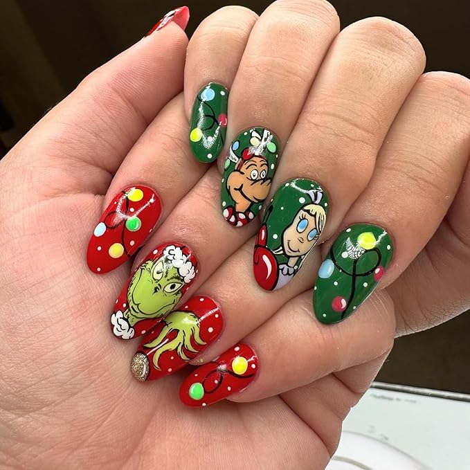 24 Pcs Christmas Medium Almond Press on Nails with Xmas Cartoon Green Monster and Dog Designs Red Green Glossy Acrylic Nails Cute Christmas Nails Full Cover Stick on Nails for Women DIY Manicure