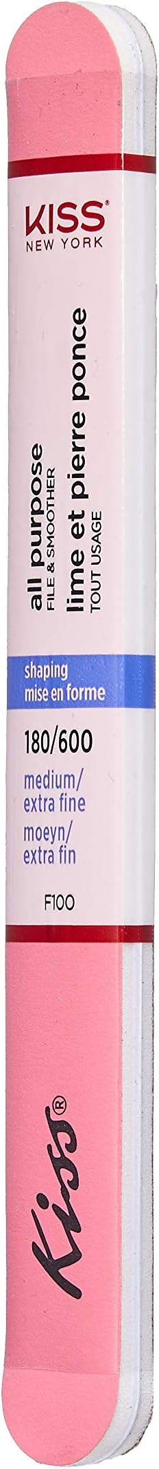 Kiss File All Purpose & Smoother 180 Medium / 600 Extra Fine F100N - Pack of 6 Files & Smooths Natural and Artificial Nails