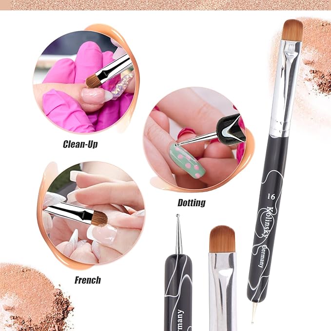French Manicure Brush - Two Way Nail Art Brush with Dotting Tool for Manicure Cuticle Clean Up - Professional Salon Quality, Nail Dotting Pen (16#, Black)