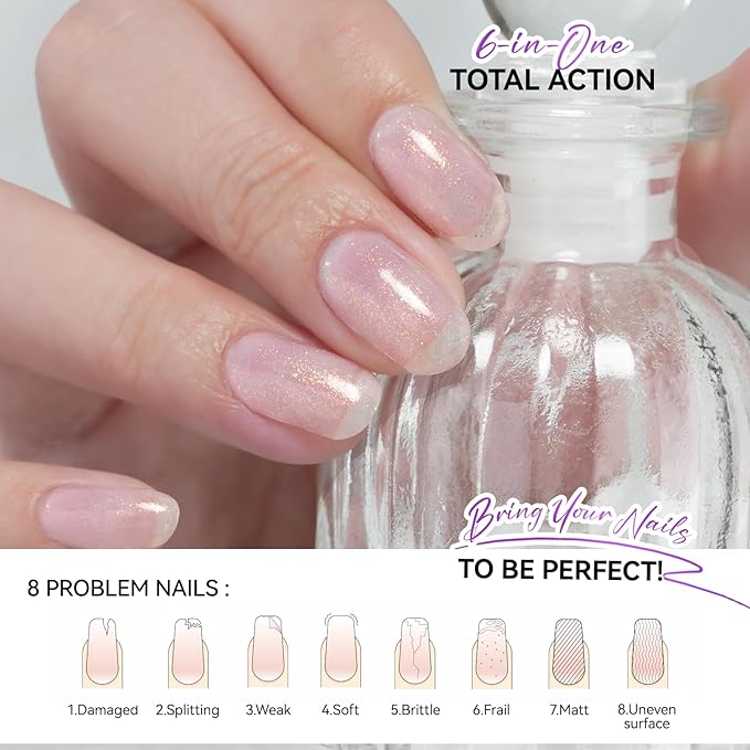 Nail Repair Strengthener for Home Care: Gelike EC 6 in 1 Natural Nail Protein Hardener Extra Strong and Growth - Long Lasting and Fast Dry Polish for Damaged Weak Split Treatment(Glitter Pink 15ml)