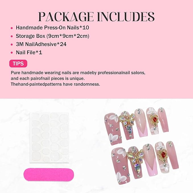 Long Handmade Press on Nails Square Flower Fake Nails Pink French Tip False Nail with Glue 3D Rhinestones Butterfly Design Luxury Full Cover Acrylic Nails for Women Manicure 10Pcs(Size M)
